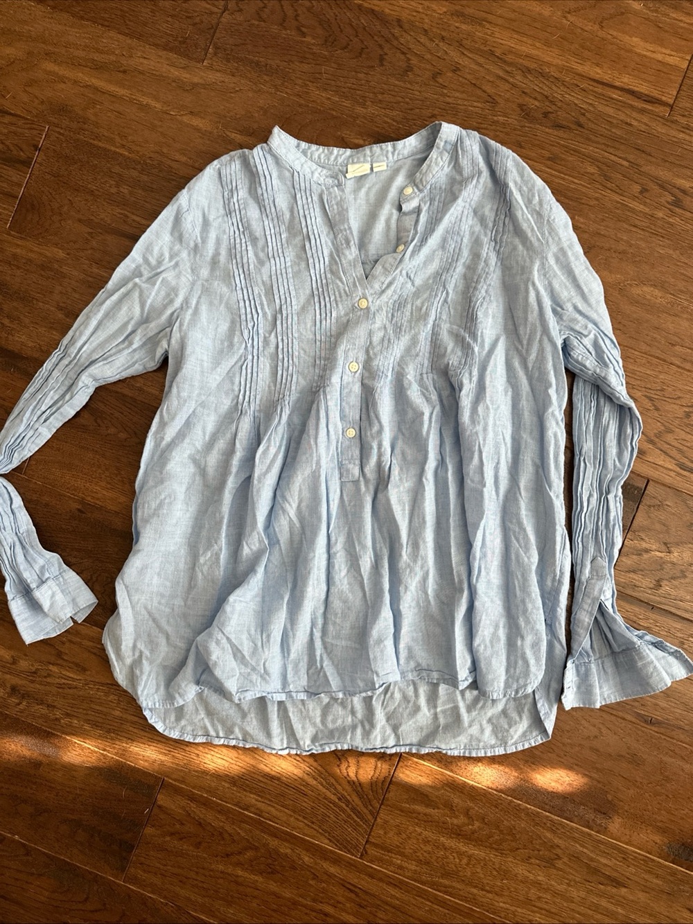 Gap Light Blue Pintuck Pleat Flowy 1/4 Button Popover L Cotton Gauze Shirt